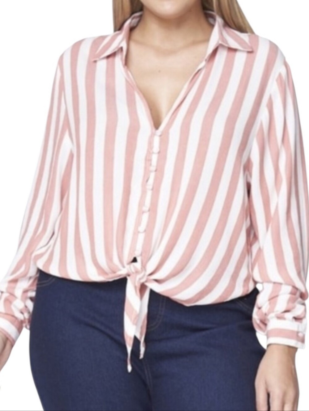 ALPHA AMOUR Dusty Mauve White Striped Tie Front Button Front Blouse Size 1X NWT
